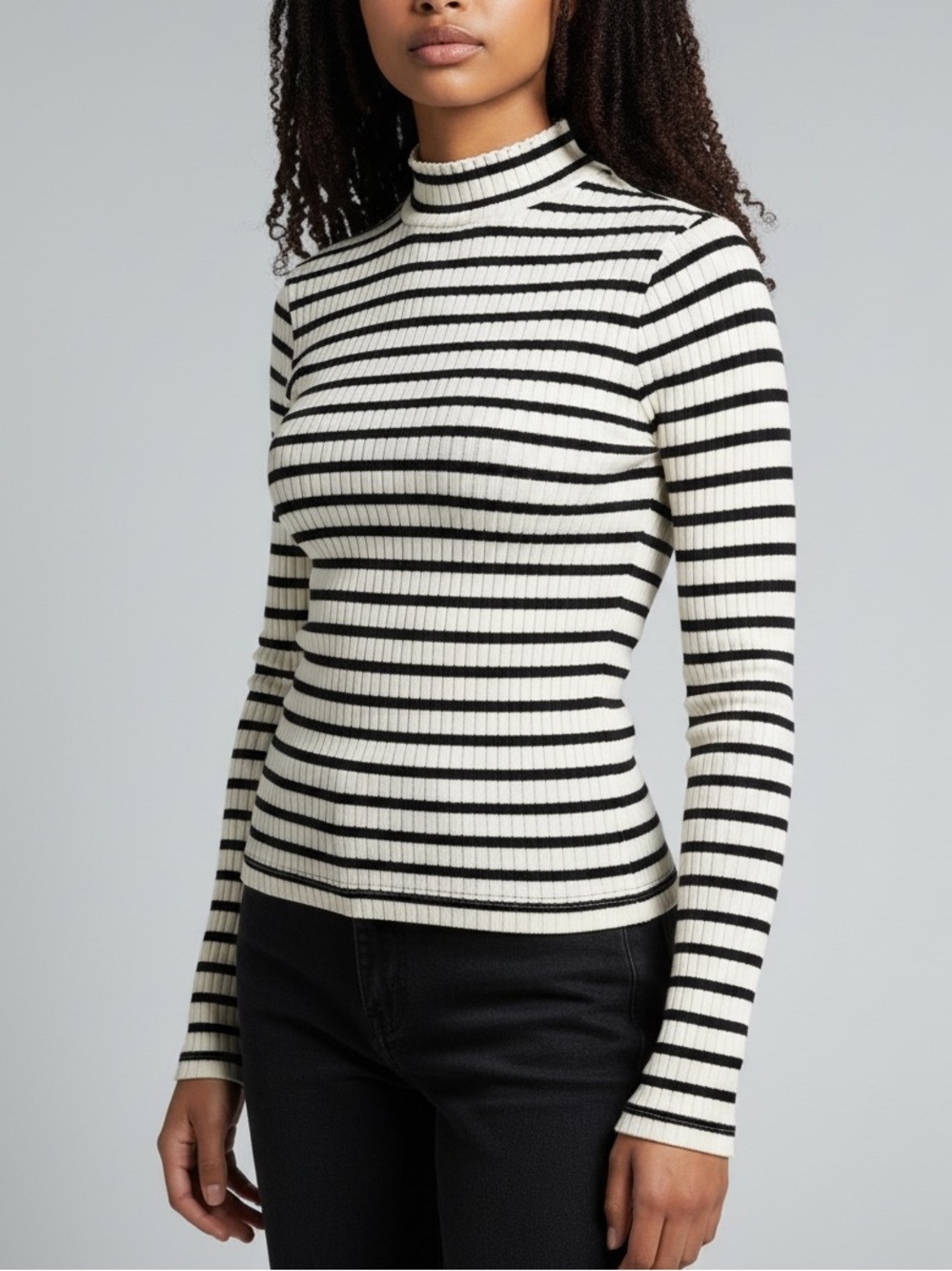 Bar III Ribbed Mock Neck Striped Cotton Knit Top Black White Fitted Minimalist